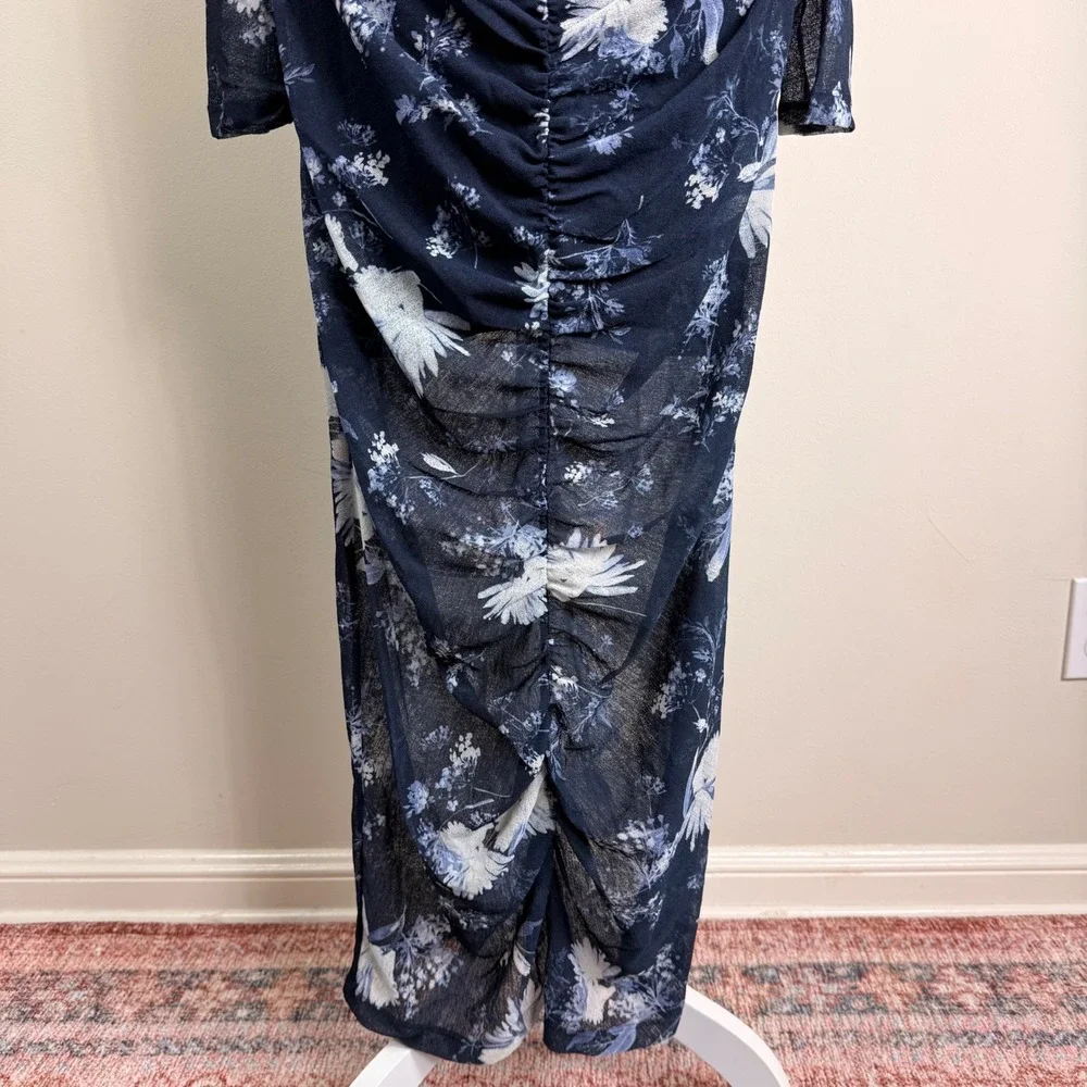 Abercrombie &‎ Fitch Navy Blue Floral Ruched Mesh Maxi Dress Large Stretch NWT